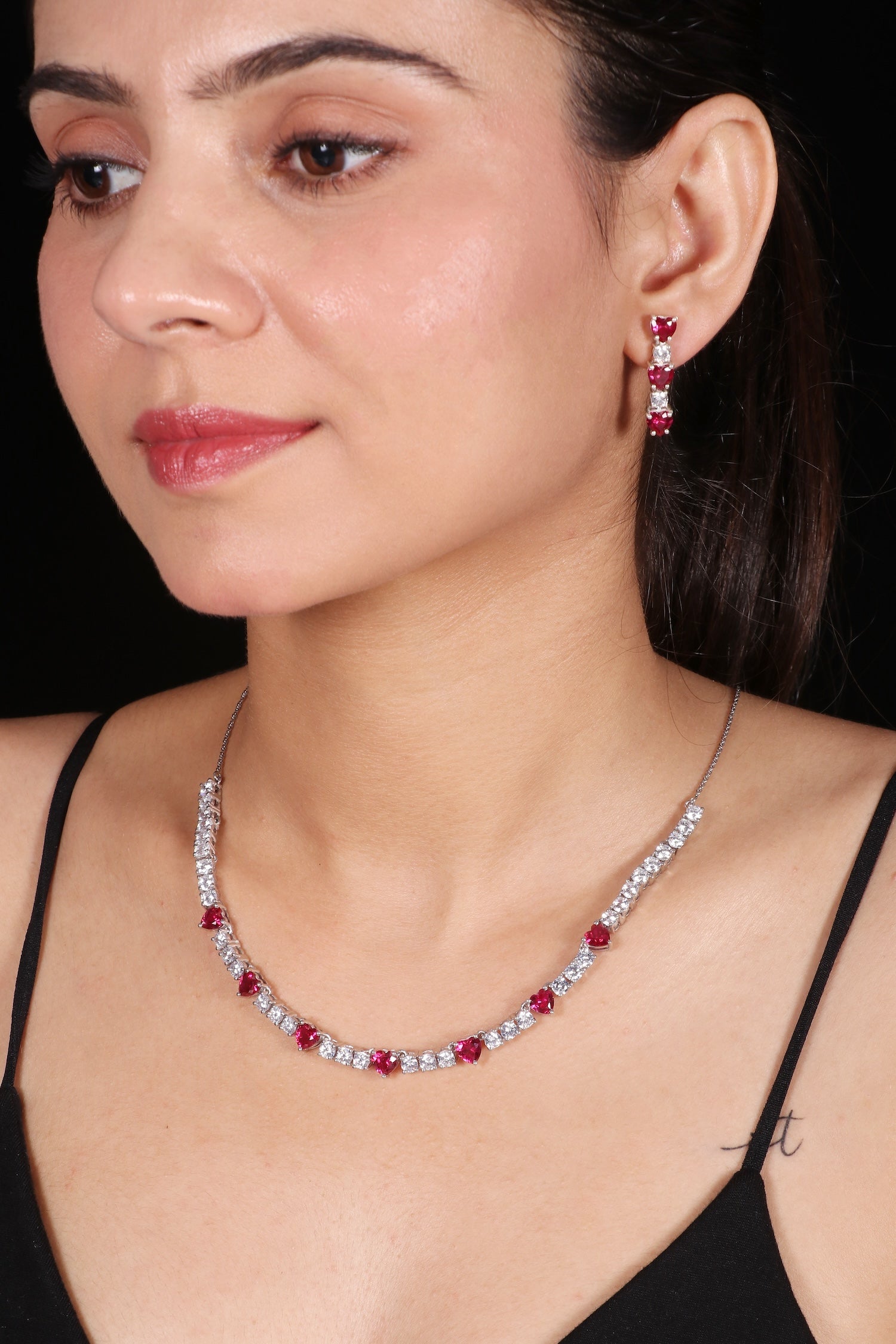 Silver Heart Shaped Red Stone Necklace Set